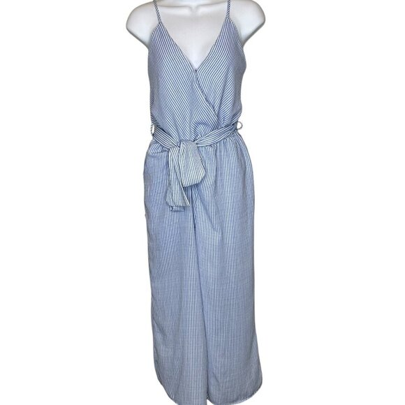 Sienna Sky Womens Tie Front Jumpsuit Blue and White Pinstripe Size Medium - Picture 2 of 14